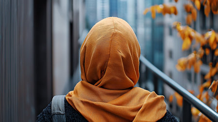 Back view of a woman wearing an orange hijab and carrying a bag, walking in an urban setting with autumn foliage. Focus on cultural identity and urban lifestyle.の素材