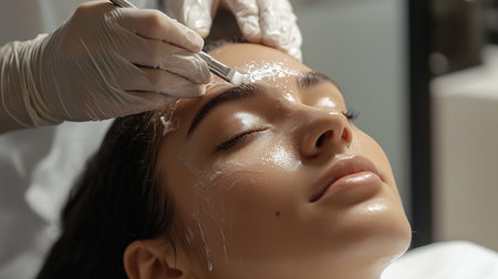 Close-up of a woman with closed eyes receiving a facial treatment. A gloved hand applies product with a brush, highlighting the serene and professional skincare process.の素材