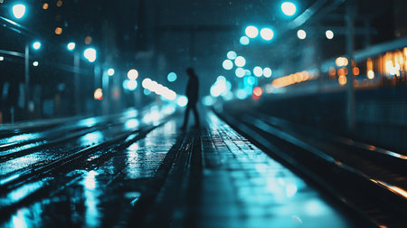 A lone figure stands on a wet train platform at night, illuminated by bokeh lights. The scene is moody, with reflections on the wet surface creating a sense of isolation.の素材
