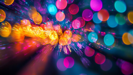 Abstract image featuring a dynamic burst of light trails and colorful bokeh circles in shades of orange, pink, blue, and purple against a dark background.の素材