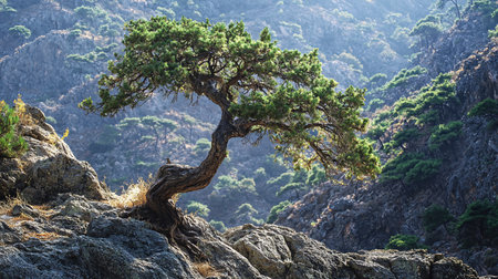 A windswept juniper tree clings to a rocky mountainside, its gnarled trunk and vibrant green foliage illuminated by sunlight. The background reveals a hazy, forested landscape.の素材