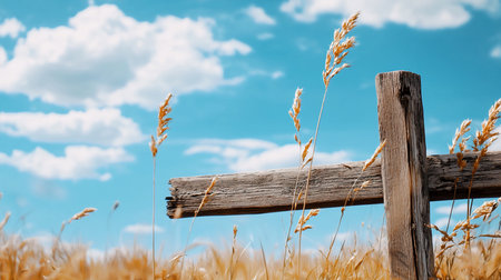 A weathered wooden fence stands in a field of golden wheat, under a bright blue sky dotted with fluffy white clouds, evoking a sense of rural tranquility and natural beauty.の素材