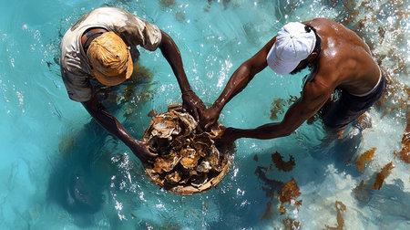 Two fishermen in Zanzibar, Tanzania, collaborate to lift a basket brimming with freshly harvested oysters from the clear turquoise waters, showcasing their shared labor and bounty.の素材