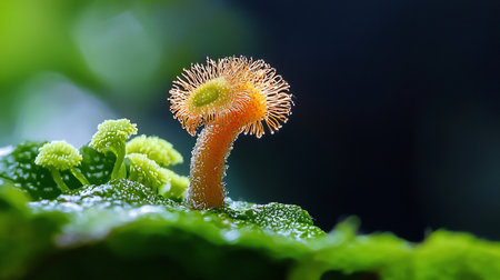 A close-up of a vibrant orange Fairy Fan mushroom with delicate filaments, growing on a lush green mossy surface against a dark background, creating a magical, ethereal feel.の素材