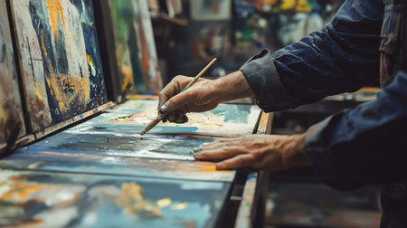 Close-up of an artist's hands holding a brush, painting on a canvas with abstract art, showcasing vibrant colors, brushstrokes, and the creative process in a studio setting.の素材