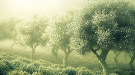 A serene olive grove bathed in soft, misty light. The trees stand gracefully amidst lush green vegetation, creating a tranquil, dreamlike atmosphere.の素材