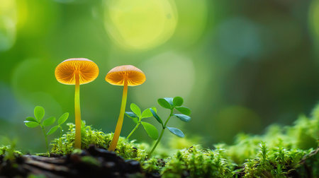 Two golden mushrooms stand tall amidst vibrant green moss and small plants in a forest. Backlit, they glow with a warm light, creating a magical, ethereal atmosphere.の素材