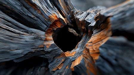Close-up of weathered wood with a central void, showcasing intricate grain patterns and textures. The wood exhibits a mix of gray and orange hues, creating a visually striking abstract.の素材