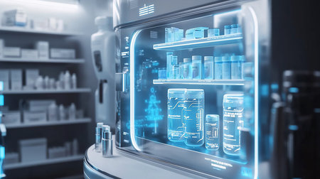 A futuristic pharmacy showcases medications in a holographic display, with shelves of drugs in the background, creating a sterile and technologically advanced environment.の素材
