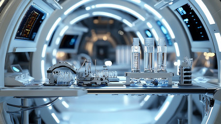 A futuristic laboratory scene featuring a robotic arm, vials, and scientific equipment on a table, set against a brightly lit, circular space station interior.の素材