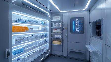 A futuristic pharmacy showcases illuminated shelves stocked with various medications and skincare products, alongside an advanced dispensing system with a digital interface in a sterile, modern setti.の素材