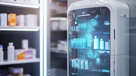 A futuristic pharmacy display features a holographic interface showcasing pharmaceutical products. The modern setting emphasizes technology and innovation in healthcare.の素材