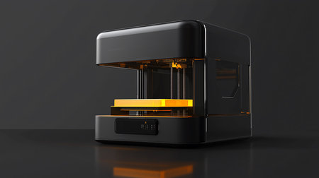 A modern, black 3D printer with a glowing orange interior sits on a dark, reflective surface, creating a futuristic and technological aesthetic.の素材