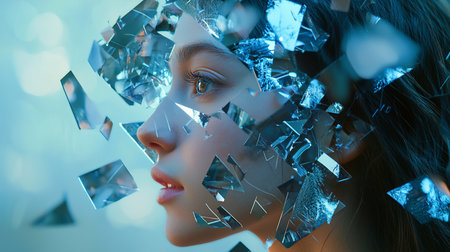 Profile of a woman's face partially obscured by geometric glass fragments, creating a surreal, fractured effect. Cool blue tones enhance the ethereal, dreamlike quality of the composition.の素材