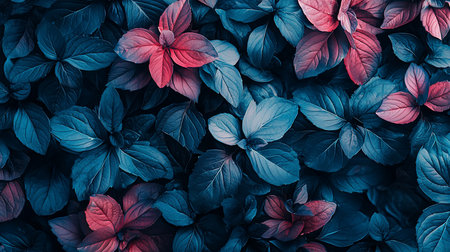 A dense cluster of leaves in deep blue and crimson hues creates a moody botanical scene. The close-up perspective emphasizes the intricate details of the foliage.の素材