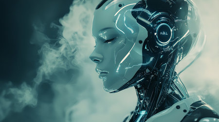 A close-up profile of a female android with translucent skin, revealing intricate mechanical details. Soft, diffused lighting and subtle smoke create a dreamy, futuristic atmosphere.の素材