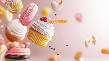 A delightful composition of floating sweets: cupcake with raspberry, pink macaron, lollipop, and candies against a soft pink background, creating a whimsical and appetizing scene.の素材