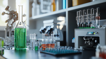 A laboratory still life featuring a flask with green liquid, test tubes, and a microscope. The scene is set in a modern lab with shelves and scientific equipment.の素材