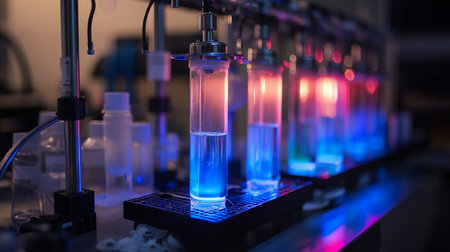 A row of glass cylinders filled with liquid, illuminated with red and blue light, sits on a black platform in a futuristic laboratory setting, suggesting scientific research.の素材