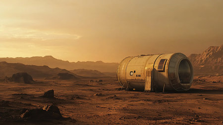 A futuristic habitat module rests on the desolate, red surface of Mars, with distant mountains under a hazy, orange sky, evoking a sense of isolation and exploration.の素材