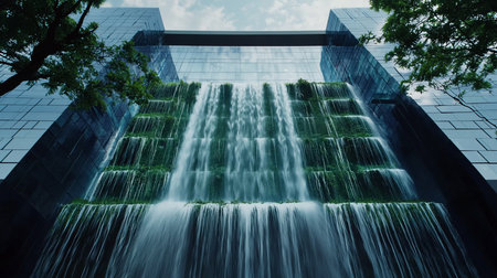 A modern architectural marvel featuring a cascading waterfall with lush greenery flowing down the facade of a glass building, blending nature and urban design in a unique and striking way.の素材