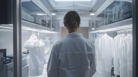 Back view of a scientist in a white lab coat, standing in a sterile laboratory with white coats and equipment. Modern research facility, bright lighting, clean environment.の素材
