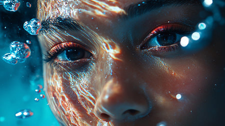 Close-up portrait of a woman underwater, light refracting across her face, creating ethereal patterns. Bubbles float around her, enhancing the surreal, dreamlike quality.の素材