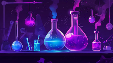 A vibrant illustration of laboratory glassware filled with colorful liquids, set against a dark background, creating a futuristic and scientific atmosphere with neon lighting.の素材