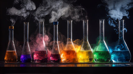 A row of beakers and test tubes filled with colorful liquids, with smoke rising from them, set against a dark background, creating a dramatic science laboratory scene.の素材