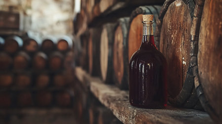 A dark red wine bottle with a cork stopper sits on a rustic wooden shelf, with a blurred background of stacked oak barrels in a dimly lit cellar.の素材