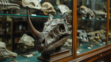 Close-up of an Elasmotherium skull with a prominent horn, displayed in a museum case among other fossilized skulls, showcasing paleontology and natural history.の素材