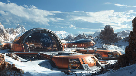A futuristic research base with copper-colored domes sits nestled in a snowy Antarctic landscape, surrounded by jagged mountains and a cloudy blue sky.の素材