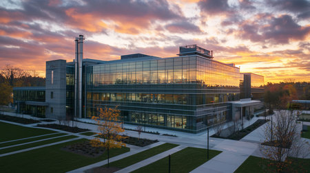 Contemporary glass building reflecting a colorful sunset sky. Geometric landscaping with green grass and concrete paths. Trees in autumnal colors add warmth to the scene.の素材