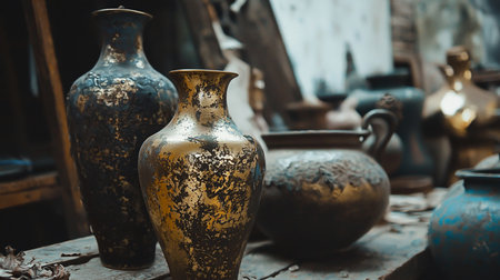 A collection of antique vases and pots, featuring distressed gold leaf and rustic textures, arranged in a still life setting with muted tones and shallow depth of field.の素材