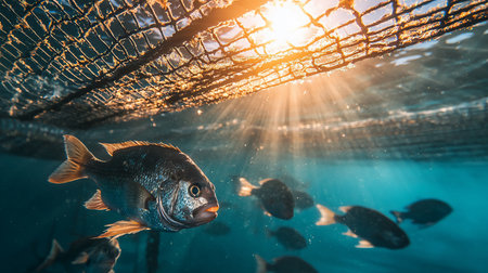 A school of fish swims beneath a sunlit net in a fish farm, captured from an underwater perspective. The sun's rays pierce the azure water, creating a serene and captivating scene.の素材