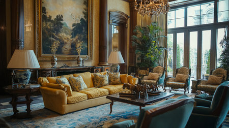 A lavish living room featuring a yellow sofa, antique chairs, a crystal chandelier, and a large landscape painting. The room exudes elegance and sophistication with its ornate details.の素材