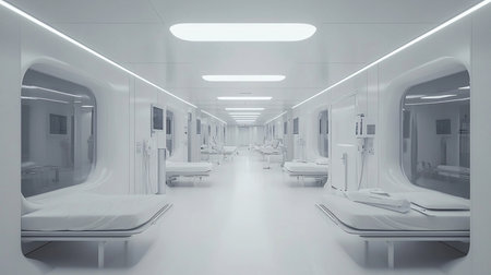 A long, sterile hospital ward features futuristic design, with streamlined beds, integrated technology, and a monochromatic white color scheme, creating a sense of clinical efficiency.の素材