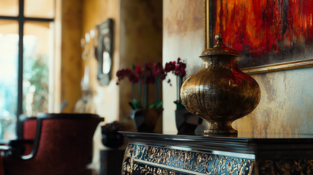A detailed shot of an ornate gold vase with a lid, sitting atop a black console table with intricate gold detailing, set against a backdrop of abstract art and flowers.の素材
