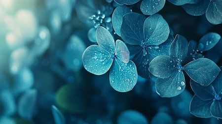 Close-up of blue hydrangea flowers adorned with delicate dew drops, set against a blurred, dreamy background. Soft lighting enhances the tranquil and ethereal mood.の素材
