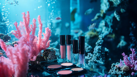 Cosmetics displayed in an aquarium setting, featuring coral, fish, and bubbles, bathed in blue light. The scene creates a surreal blend of beauty and marine life.の素材