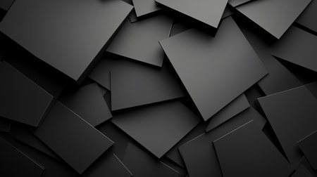 Abstract geometric background featuring a dynamic arrangement of black cubes. The composition creates depth through overlapping shapes and subtle shadows, offering a modern, minimalist aesthetic.の素材