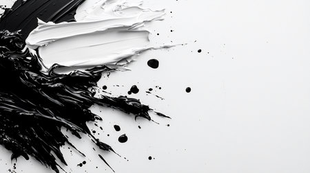 Abstract black and white paint swirls with splatters on a clean white background. The contrasting colors create a dynamic and visually striking composition.の素材