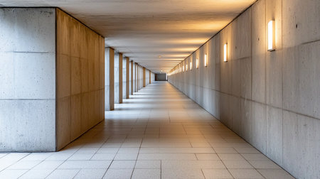 A long, symmetrical corridor with concrete walls, columns, and tiled floor, illuminated by warm vertical lights. The perspective draws the eye to a distant opening.の素材