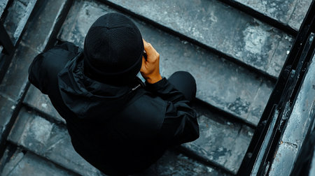 A man in black clothing and beanie sits on concrete stairs, head in hand, viewed from above. The scene evokes solitude and urban contemplation.の素材