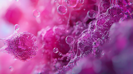 Abstract, macro view of pink cellular structures with intricate details and floating bubbles. The image showcases a microscopic world with vibrant colors and complex textures.の素材