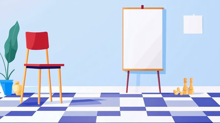 A minimalist illustration of a room with a red chair, easel with blank canvas, bowling pins, and a blue and white checkered floor against a light blue wall.の素材