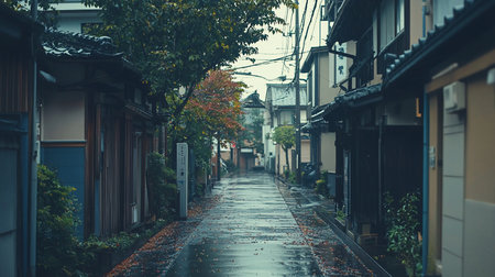 A serene, rain-slicked alley in Kyoto, Japan, lined with traditional wooden houses and scattered autumn leaves. The scene evokes a sense of tranquility and old-world charm.の素材
