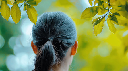 A woman with dark hair in a ponytail gazes into a bright, blurred background of yellow and green foliage, framed by golden leaves overhead, creating a peaceful, natural scene.の素材