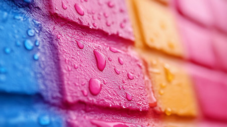 Close-up of a colorful brick wall, featuring blue, pink, and yellow bricks. Water droplets cling to the textured surface, creating a vibrant, abstract pattern.の素材