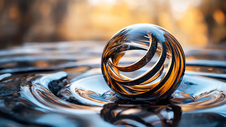 A captivating close-up of an abstract sphere with internal spirals resting on a rippled, reflective surface. Golden light creates warm highlights, enhancing the artistic and surreal mood.の素材